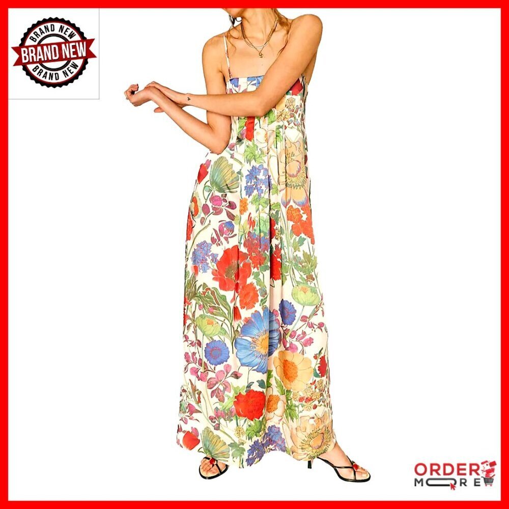 Boho Floral Maxi Dress Backless Spaghetti Strap A-Line Flowy Summer Vacation